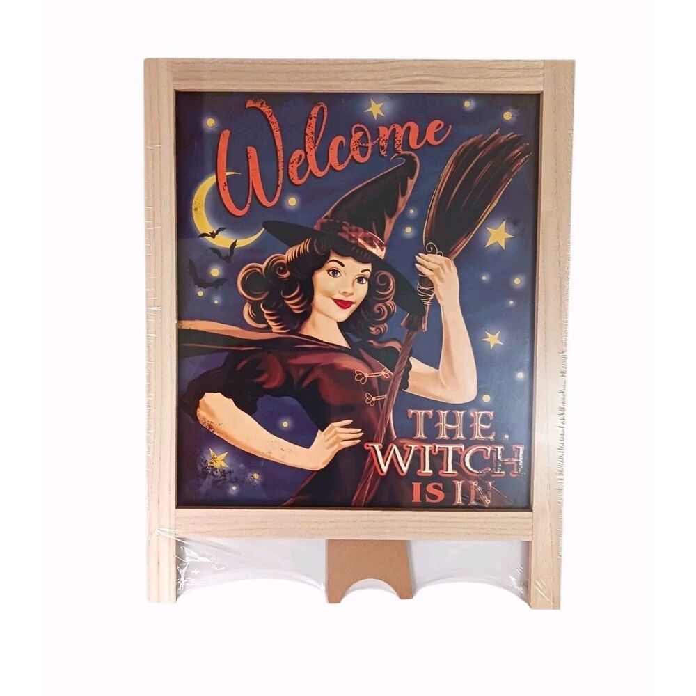 NEW Halloween Welcome The Witch Is In Retro Style Easel Board Sign Decor 20 x 15